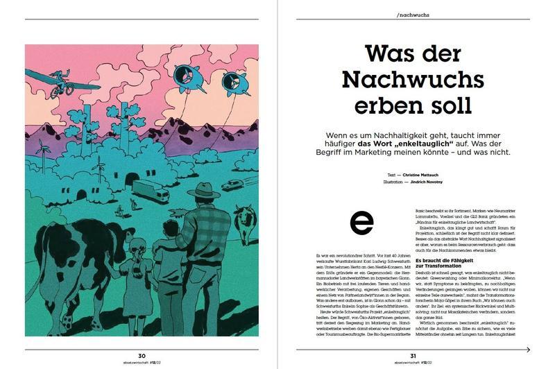 Illustration von Jindrich Novotny für die absatzwirtschaft – Doppelseite Was der Nachwuchs erben soll