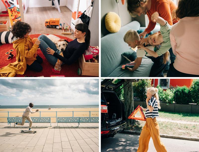 Collage aus vier Fotoproduktions-Szenen für Allianz Direct – Familien in Berlin, Den Haag, Rom und Barcelona